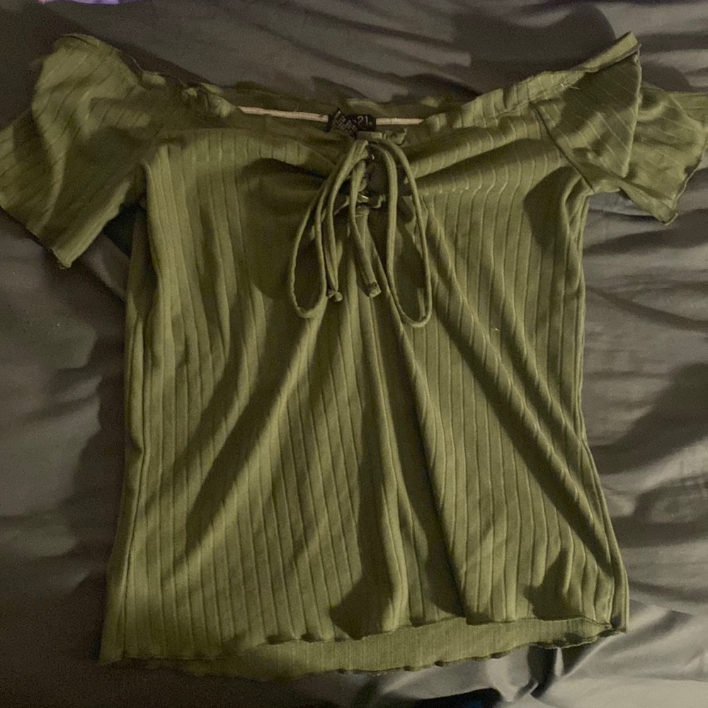 green rue 21 off shoulder army green top
